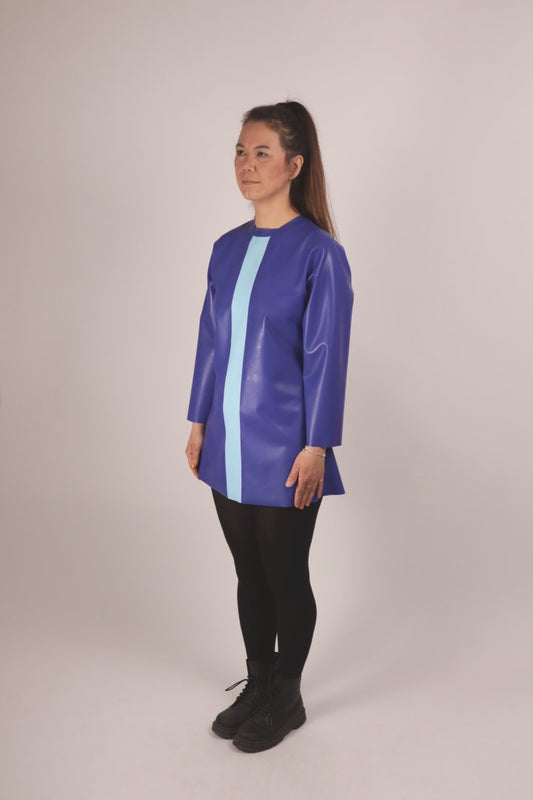 our model christina is wearing a blue latex 60s mini dress with long sleeves and a vertical baby blue stripe on the front