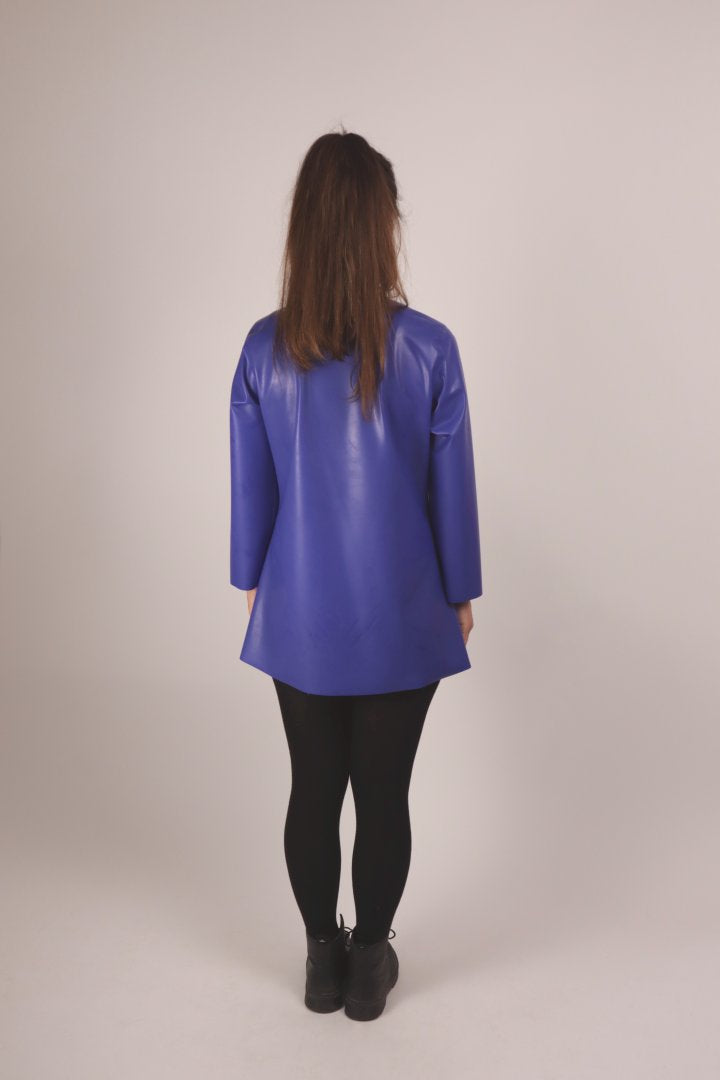 back view of our model in her royal blue latex 60s space mini dress