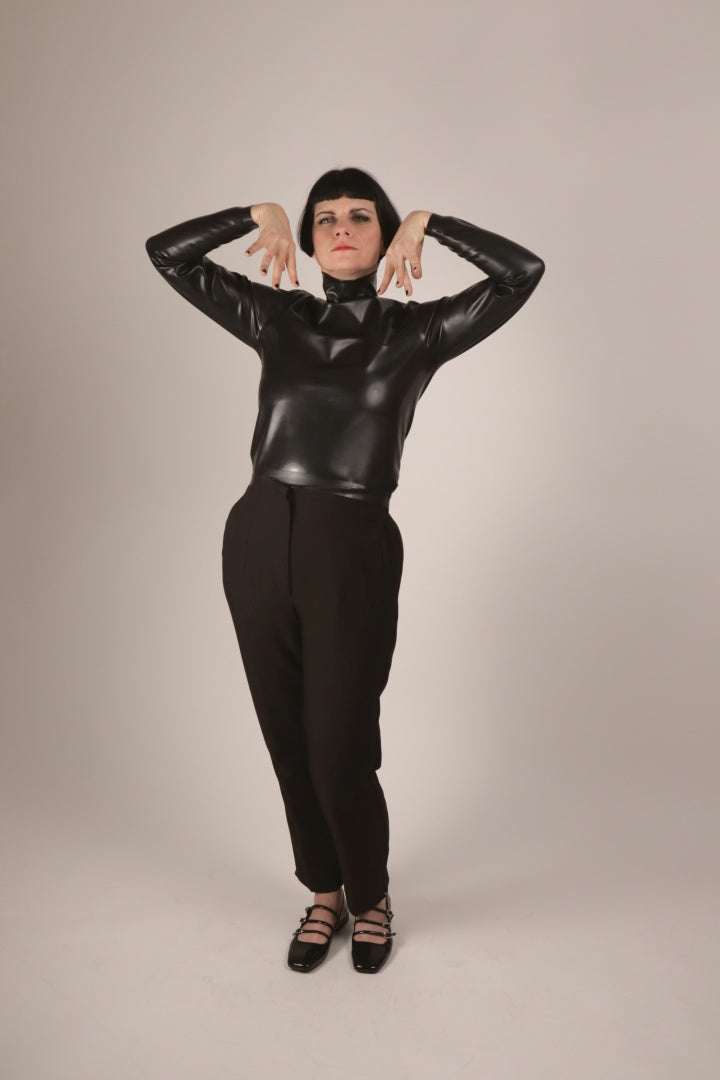 Anja vogueing in our black latex turtleneck