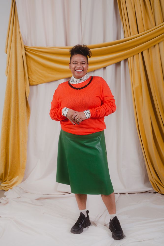 chequita nahar in green latex midi skirt