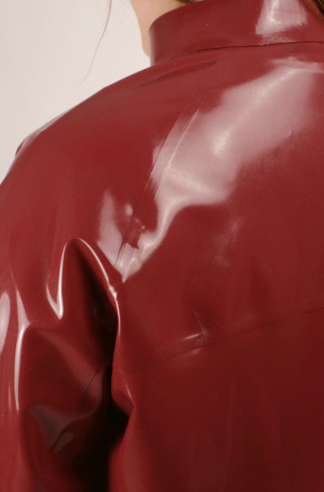 raglan shoulder detail of mens bordeaux red harrington latex jacket
