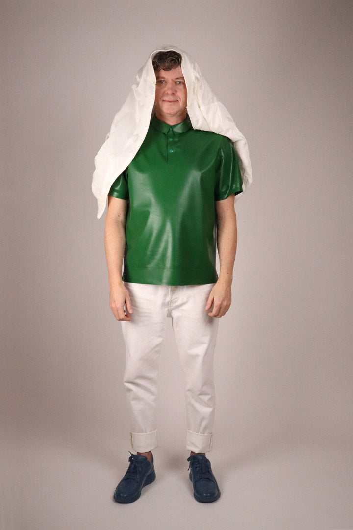 model-goofing-around-in-green-latex-classic-cut-polo-shirt