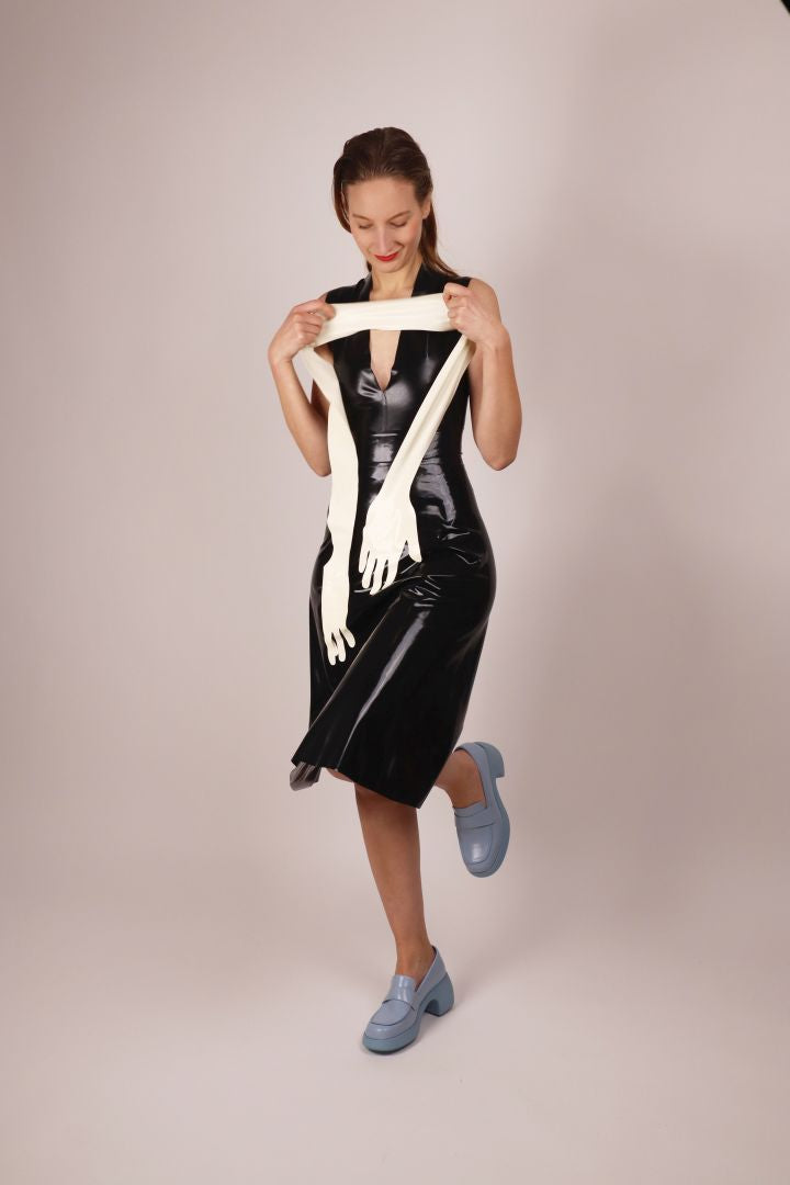 white-latex-hands-scarf-on-black-latex-dress
