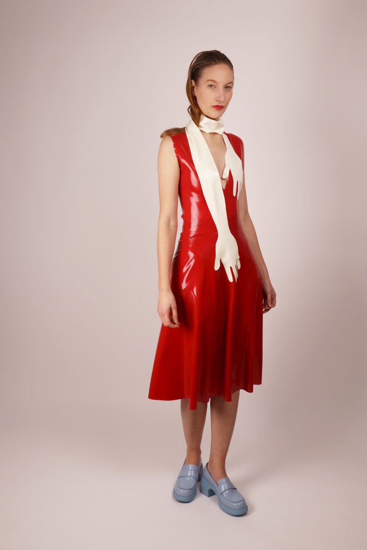 white-latex-hands-scarf-on-red-dress