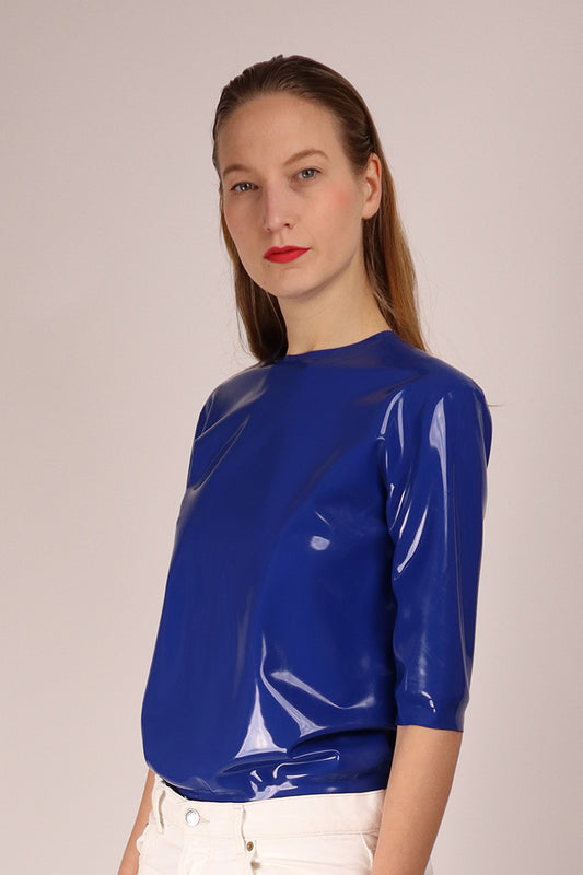 royal blue latex 60s knit t-shirt by tarza and jane