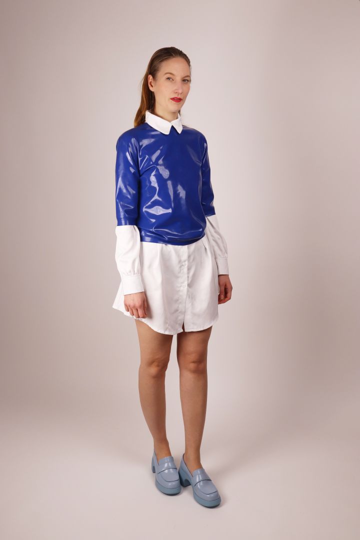 tarza and jane daily latex loose blue 60s t-shirt worn over a white cotton dress shirt
