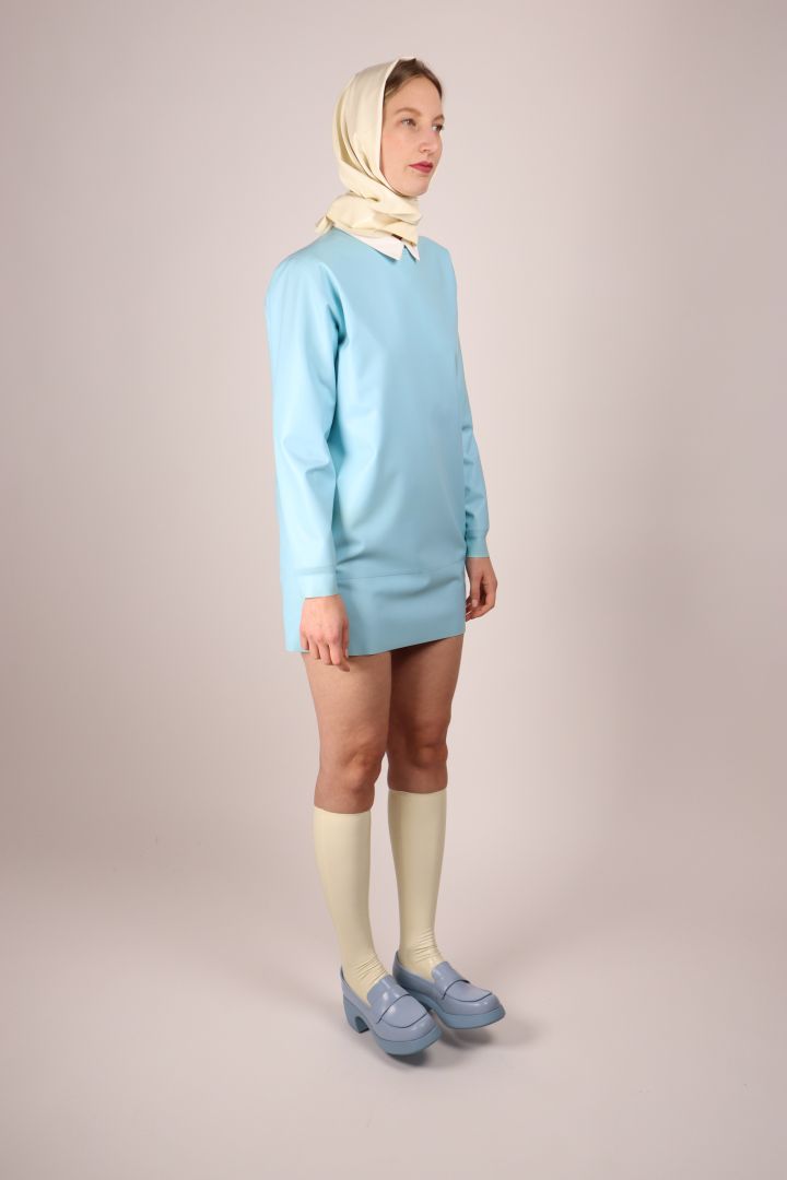 tarza-and-jane-white-headscarf-and-baby-blue-latex-sweatshirt-dress