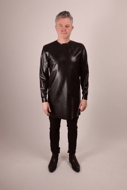 front view of Fabian and the latex long sweater.