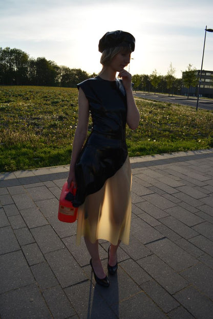 half-transparent-latex-midi-skirt-combined-with-black-top-and-beret