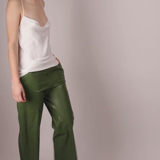 video-of-olive-green-latex-straight-legged-flatfront-pants