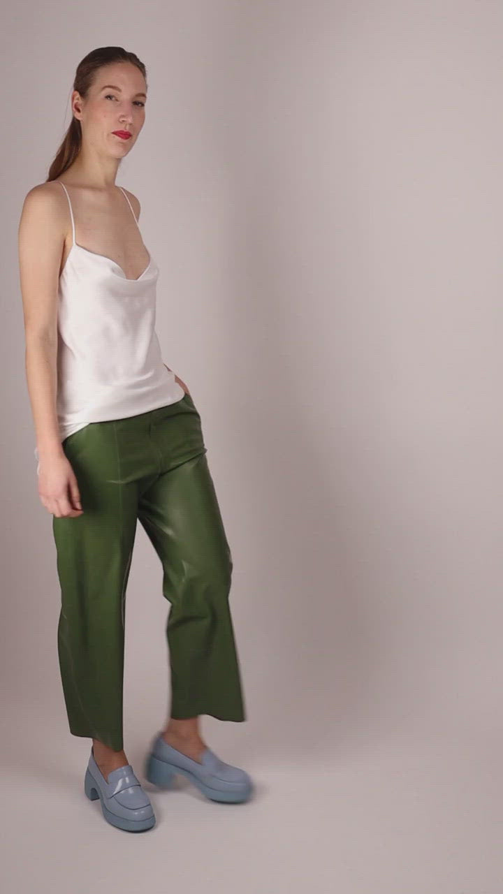 video-of-olive-green-latex-straight-legged-flatfront-pants