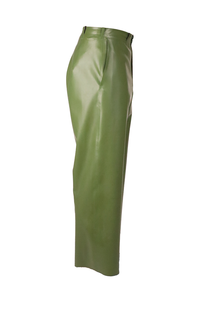 side-view-clipping-of-hands-in-pockets-of-green-womens-latex-flat-front-pants