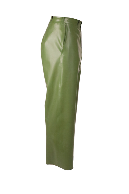 side-view-clipping-of-hands-in-pockets-of-green-womens-latex-flat-front-pants