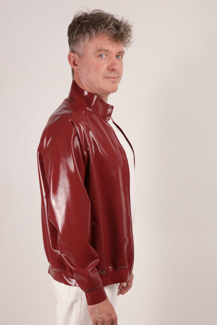 close-up of mens bordeaux red harrington latex jacket
