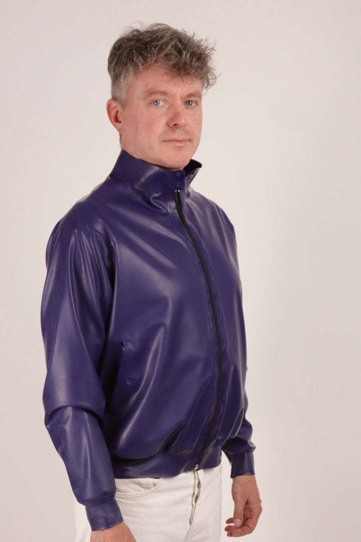 close-up of mens dark blue harrington latex jacket