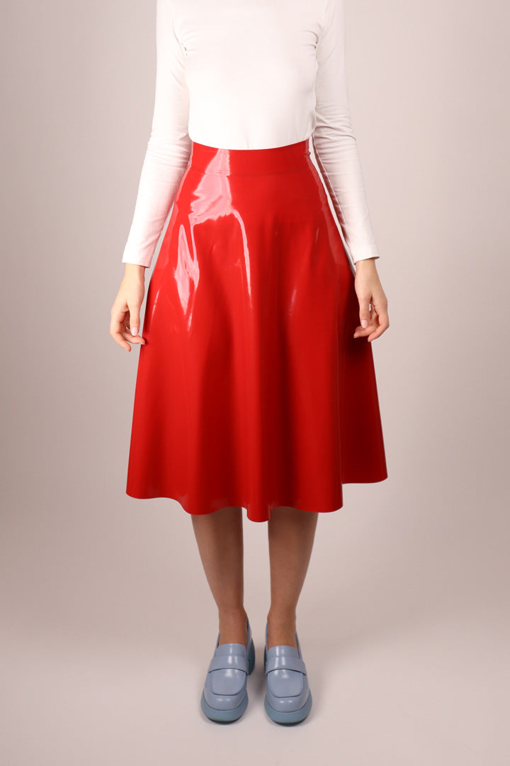 red latex midi skirt