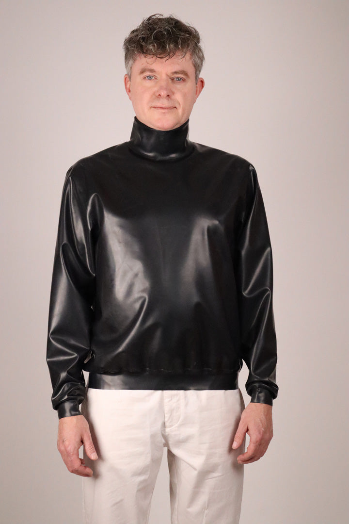 black-latex-turtleneck-sweater-combined-with-white-pants