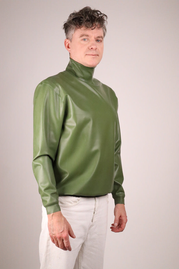 olive-green-latex-turtleneck-sweater