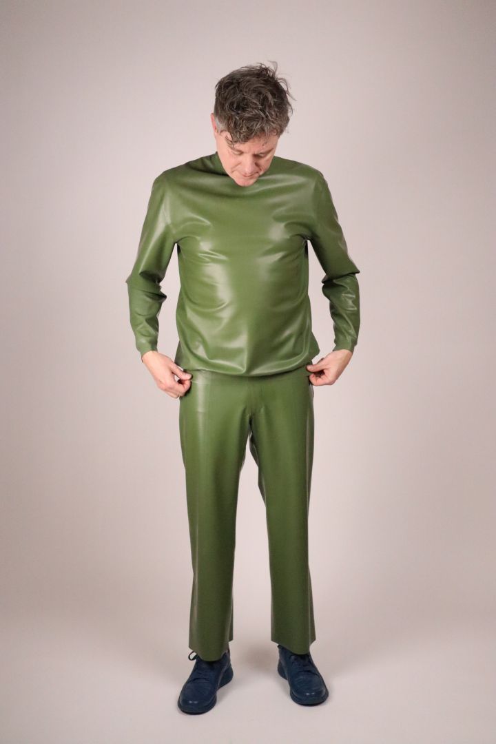 fabian-combining-green-latex-flat-front-pants-with-matching-turtleneck