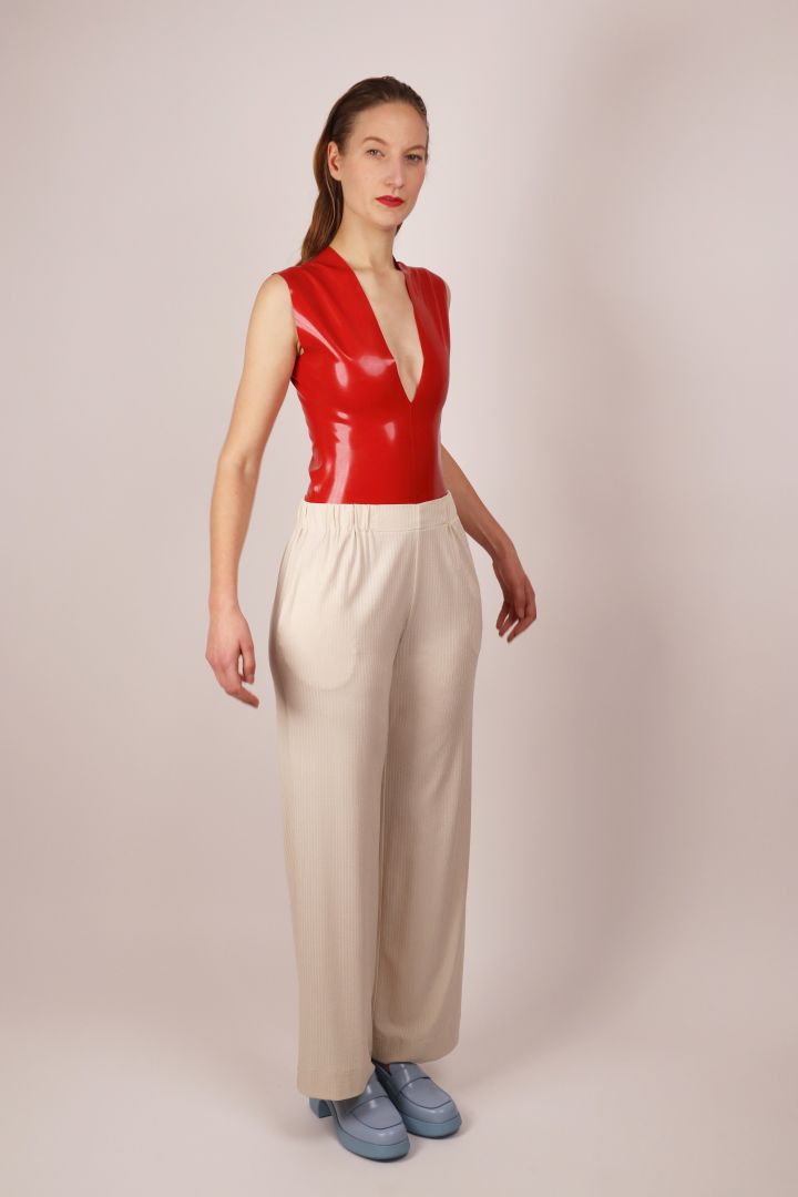 red-latex-v-neck-swimsuit-body-and-cotton-dress-pants