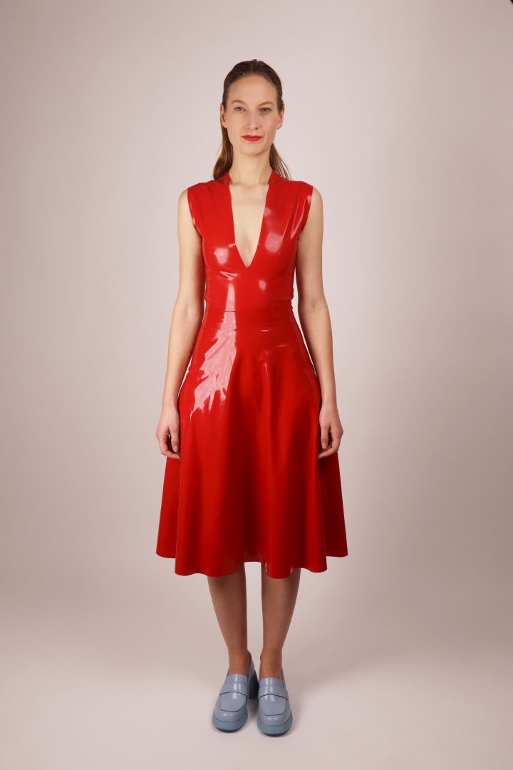 red-latex-vneck-body-with-matching-skirt-styled-to-a-dress