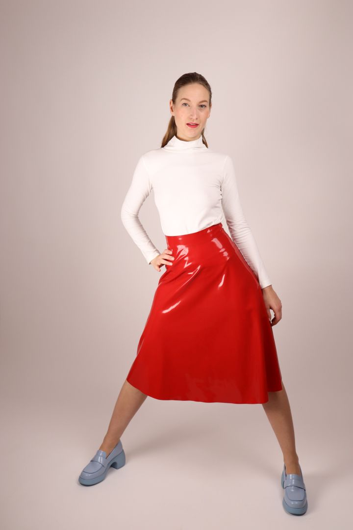 red latex demi a-line skirt