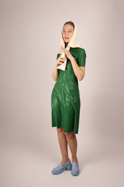 white-latex-headscarf-on-model-in-green-latex-dress