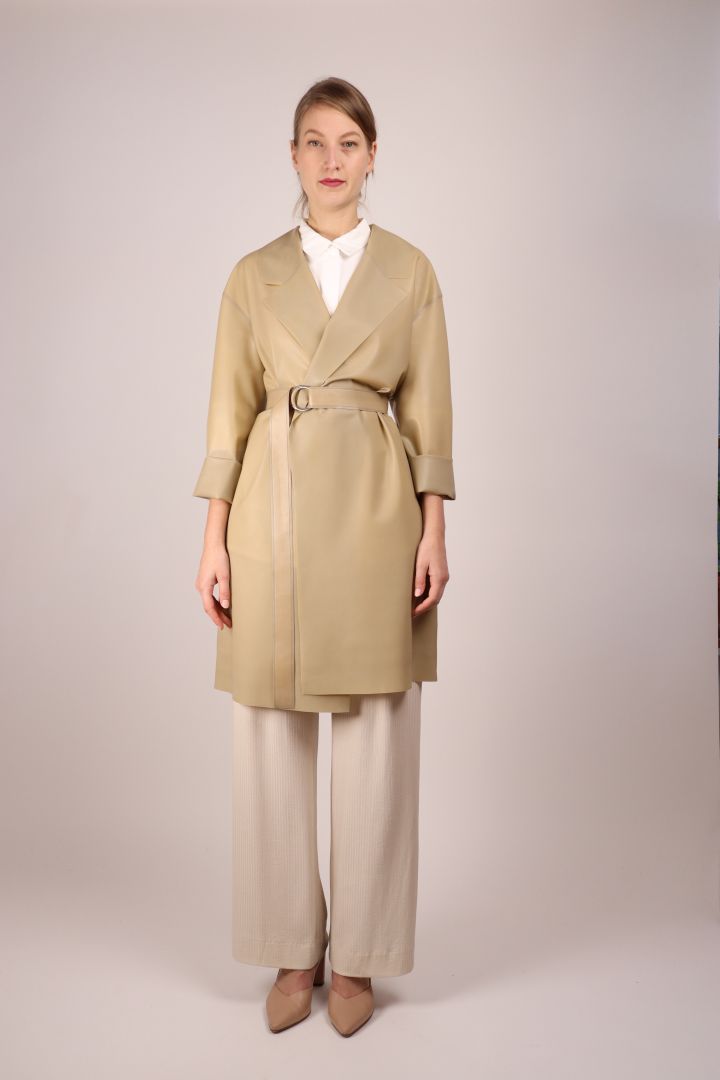 sand-colored-latex-coat-with-belt-and-rolled-up-sleeves